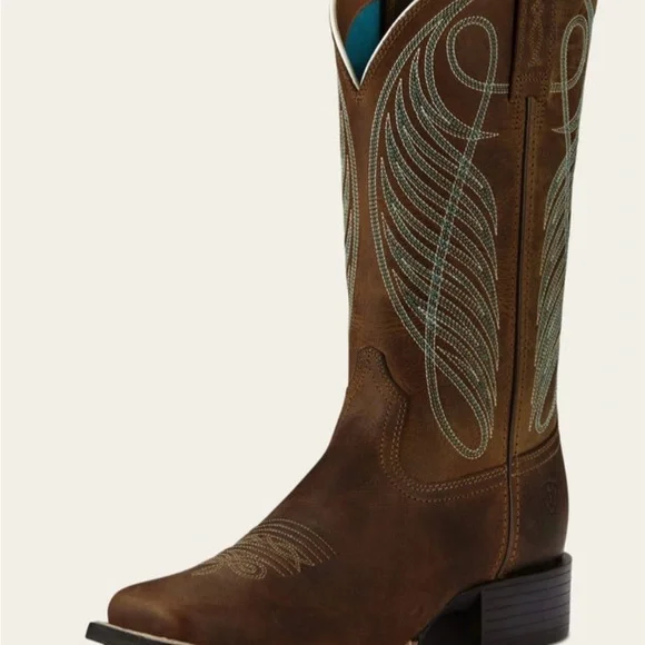 Ariat Brown Leather Round Up Western Wide Square Toe 11” Pull On Boots - Picture 4 of 10